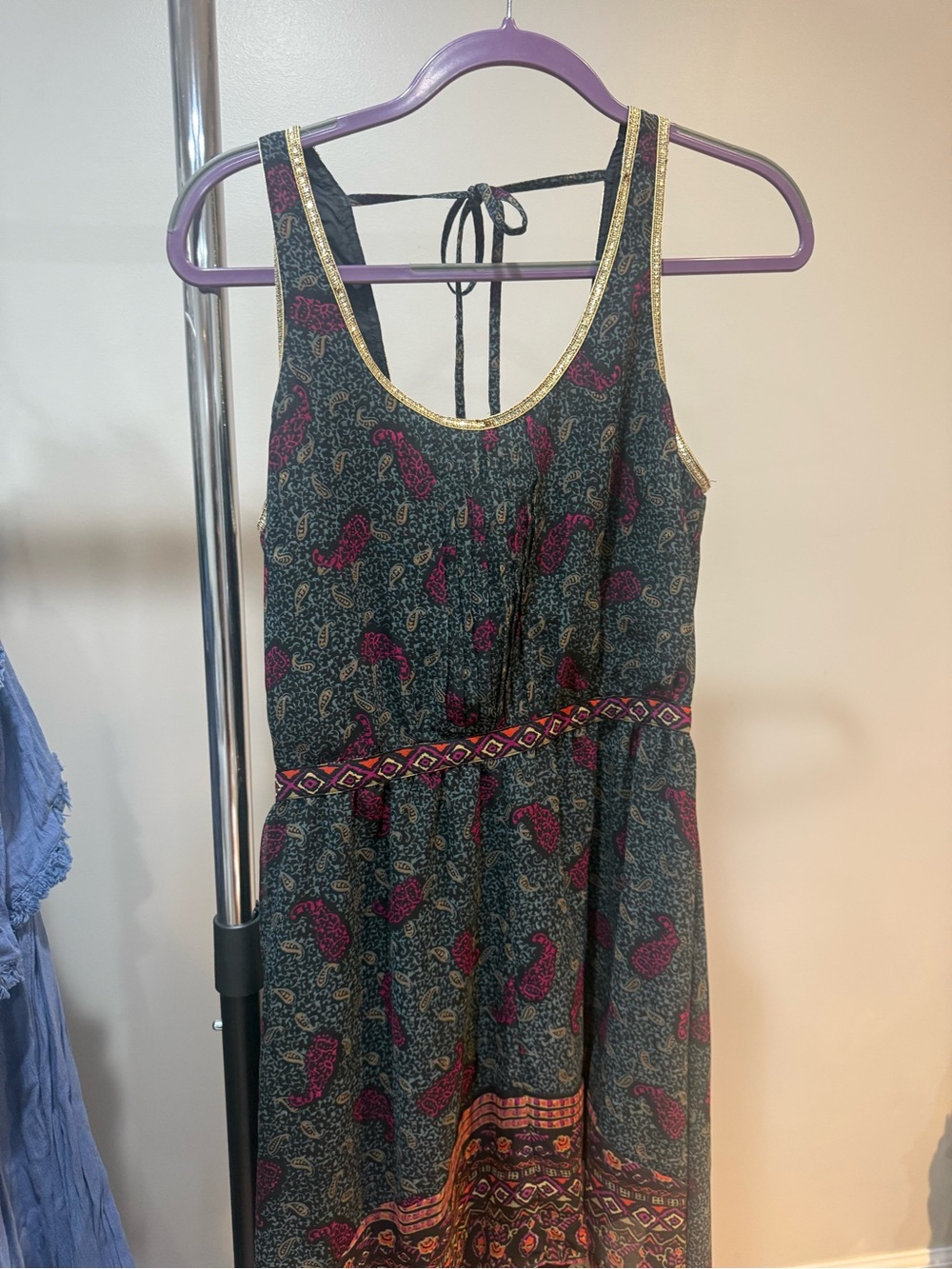 Urban Outfitters Dark Teal Paisley Maxi Dress with Gold Trim